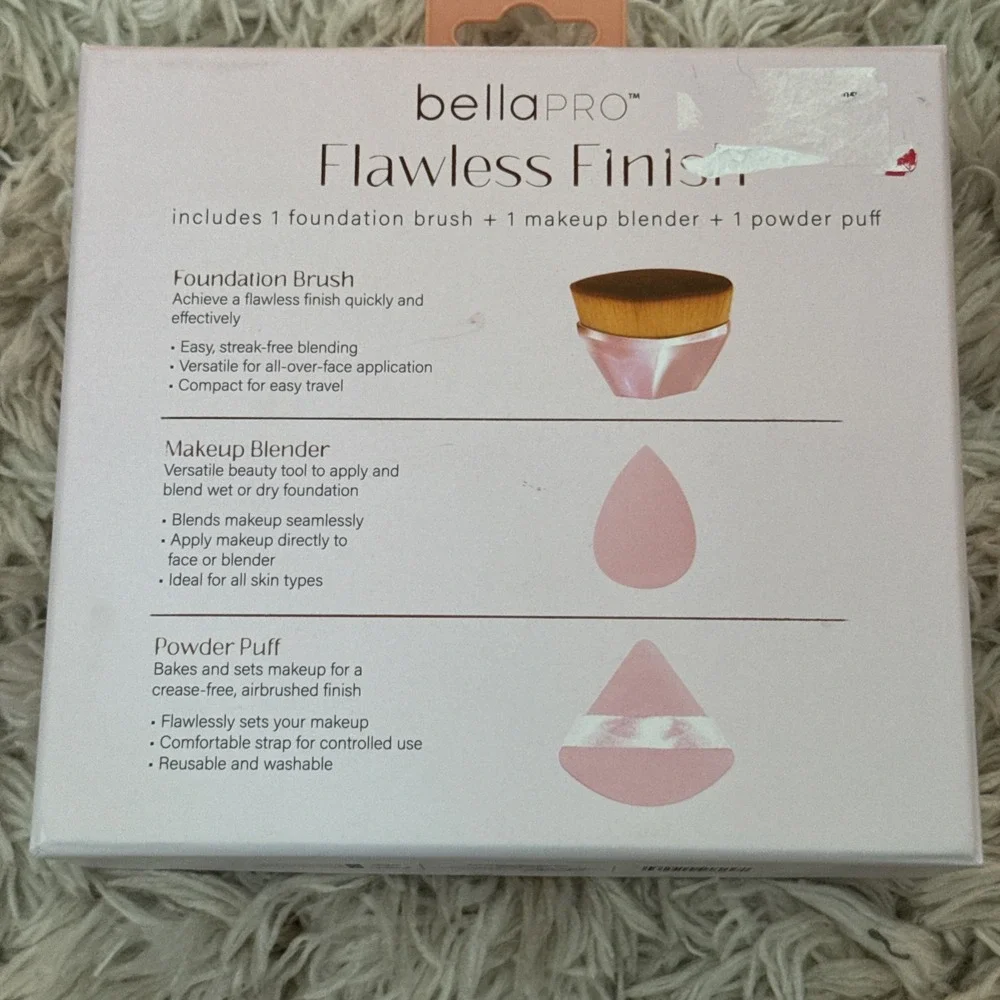 bellaPro Flawless Finish 3 Pc Face Makeup Brush, Blender And Powder Puff Kit